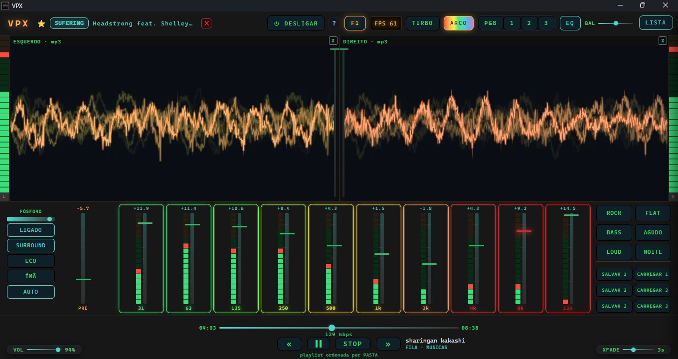 Tela do VPX tocando um MP3: equalizador de 10 bandas aberto e dois osciloscópios em âmbar, um para cada canal, com o modo TURBO ligado.